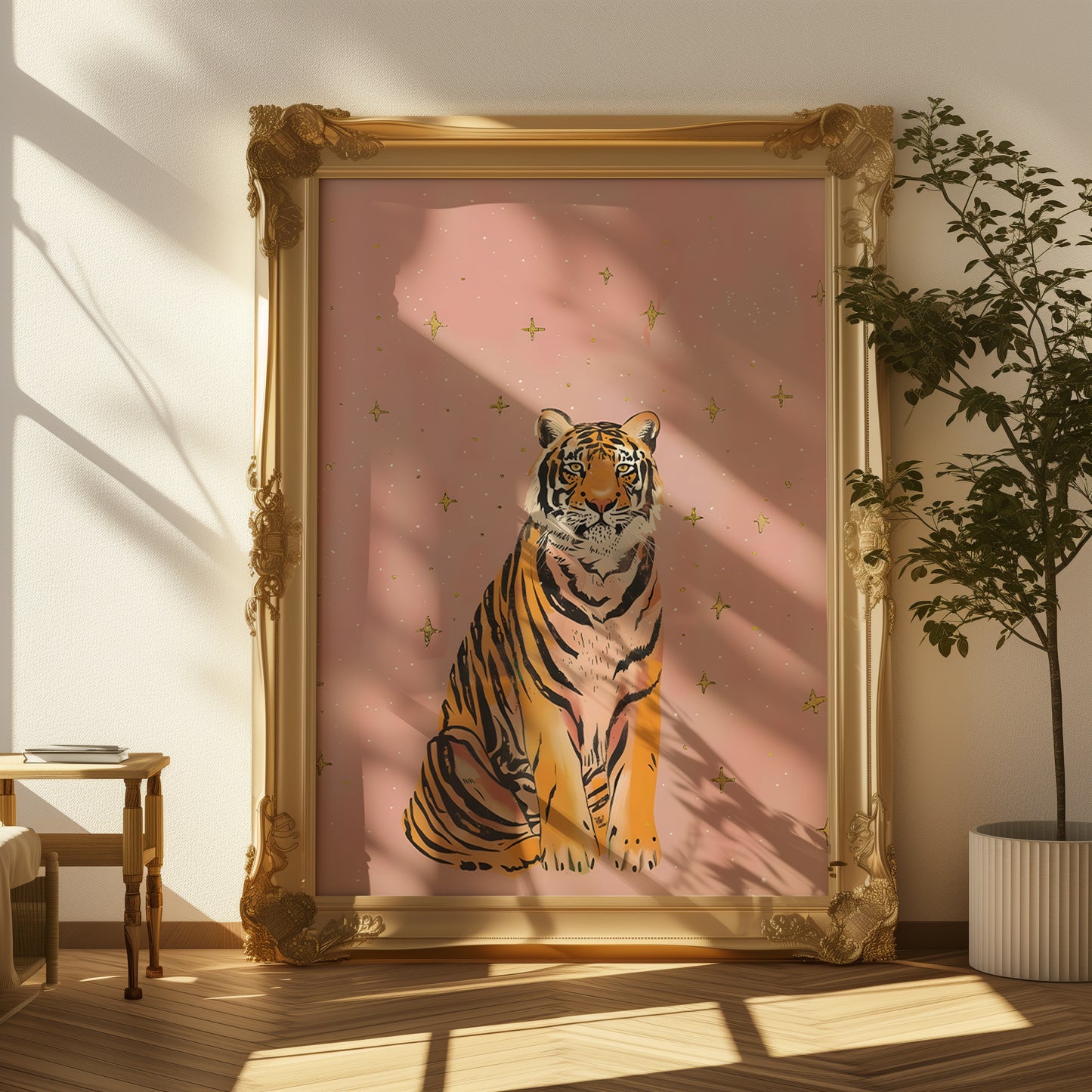 Pink Sparkle Star Tiger with Gold Stars Matte Vertical Poster Art Print