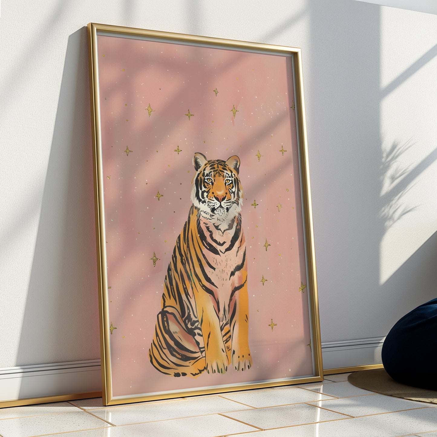 Pink Sparkle Star Tiger with Gold Stars Matte Vertical Poster Art Print