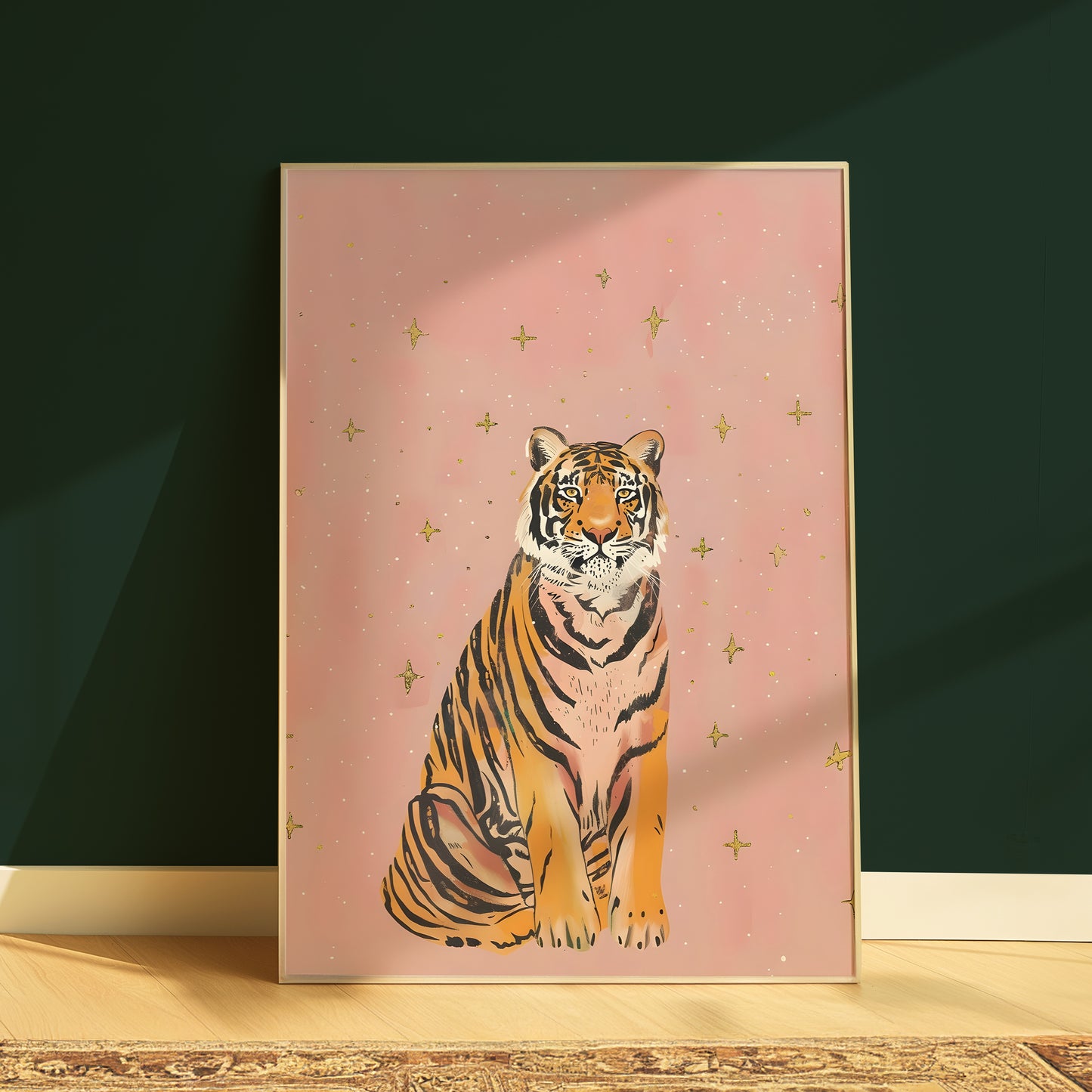 Pink Sparkle Star Tiger with Gold Stars Matte Vertical Poster Art Print