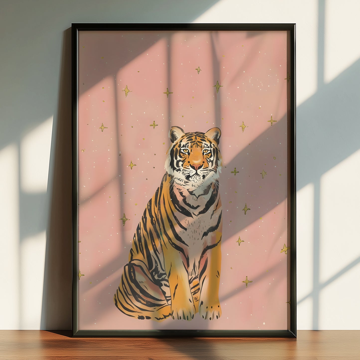 Pink Sparkle Star Tiger with Gold Stars Matte Vertical Poster Art Print