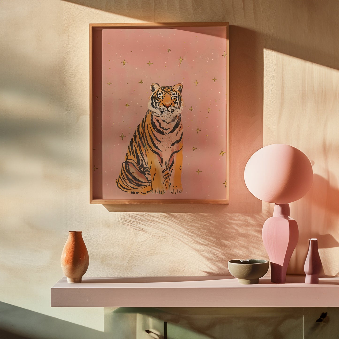Pink Sparkle Star Tiger with Gold Stars Matte Vertical Poster Art Print