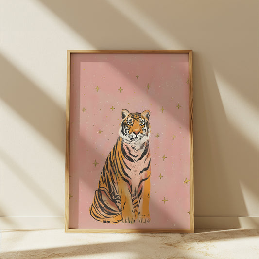 Pink Sparkle Star Tiger with Gold Stars Matte Vertical Poster Art Print