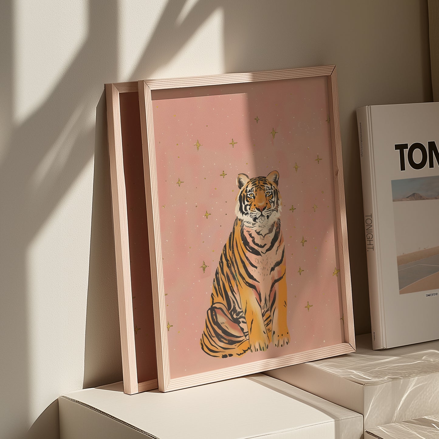 Pink Sparkle Star Tiger with Gold Stars Matte Vertical Poster Art Print