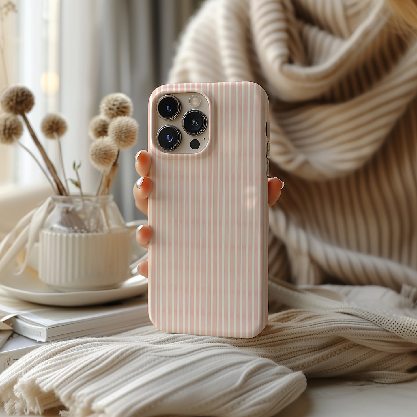 Blush Pink and White Ticking Stripe Tough Phone Case