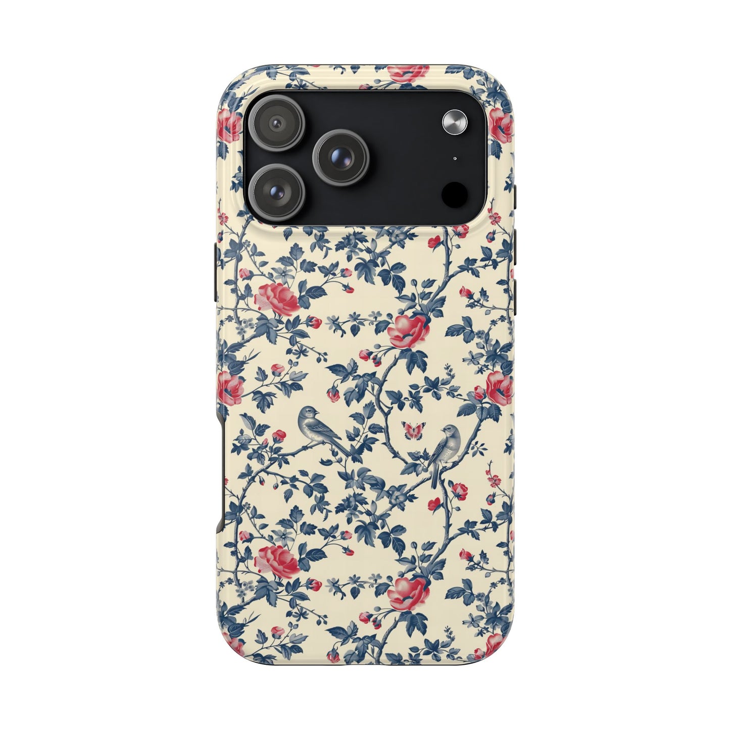 Vintage Blue with Red Bird and Flowers Toile De Jouy Tough Phone Case