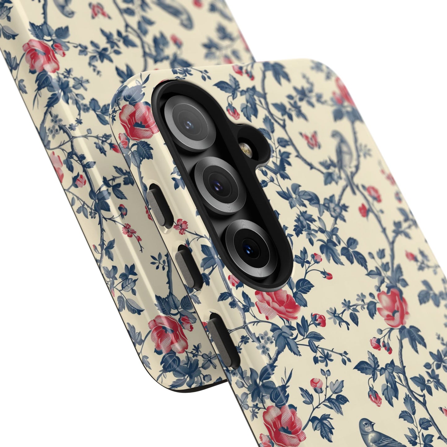 Vintage Blue with Red Bird and Flowers Toile De Jouy Tough Phone Case