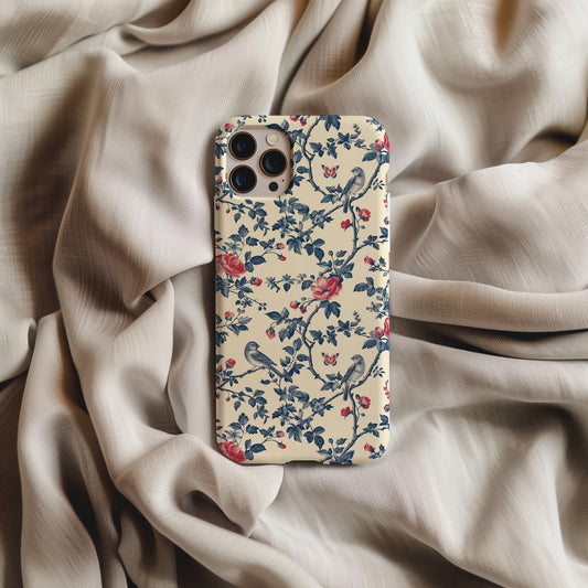 Vintage Blue with Red Bird and Flowers Toile De Jouy Tough Phone Case