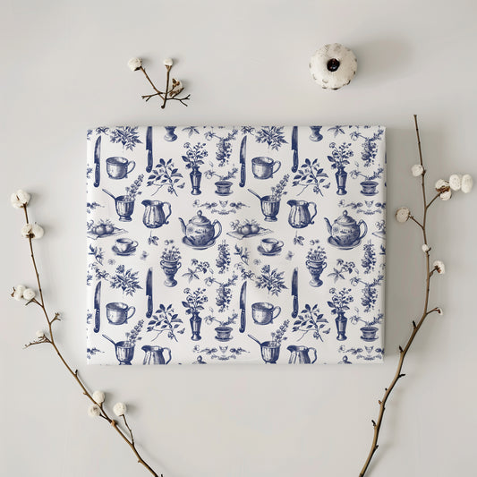 Tea Party Blue Vintage Toile de Jouy Gift Wrapping Paper Sheets