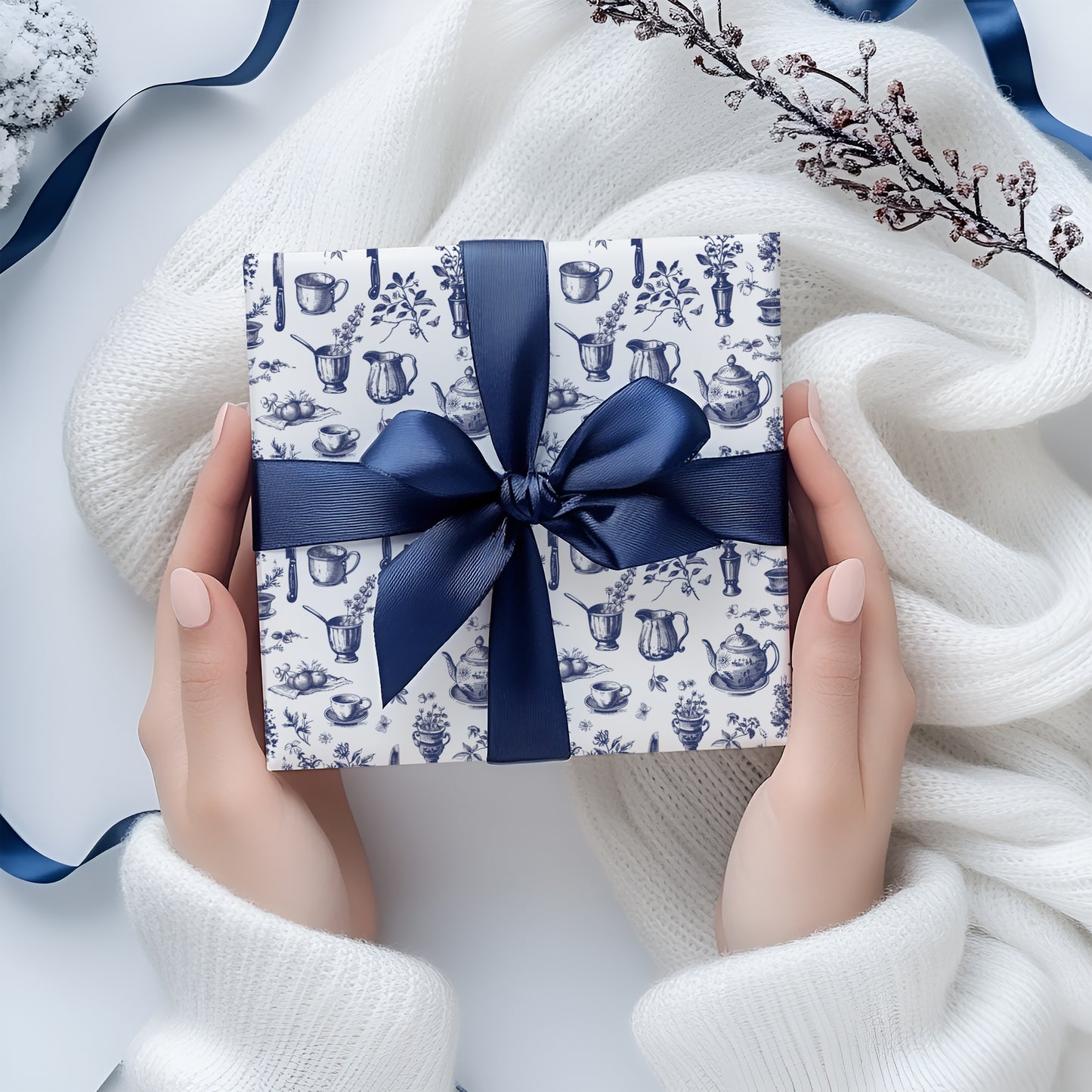 Tea Party Blue Vintage Toile de Jouy Gift Wrapping Paper Sheets