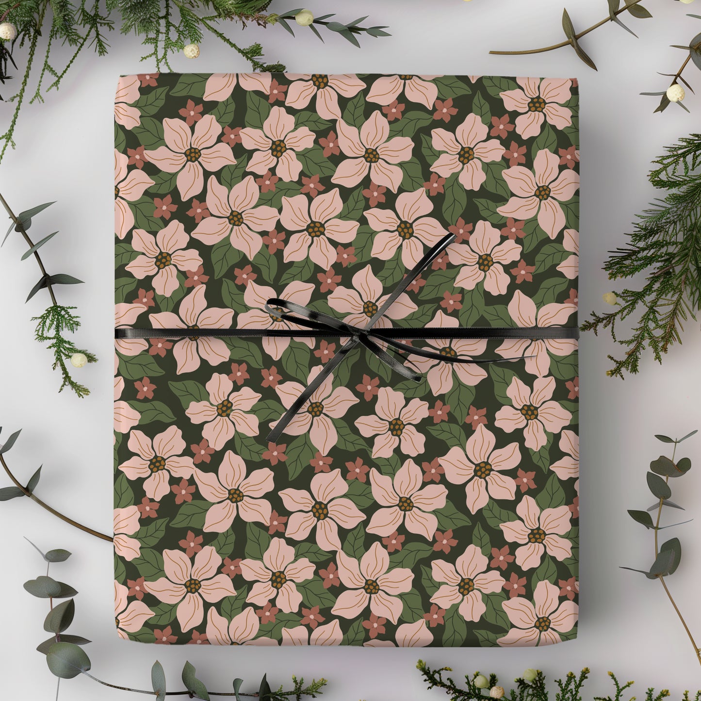 Pink, Red and Green Holiday Floral Gift Wrapping Paper Sheets