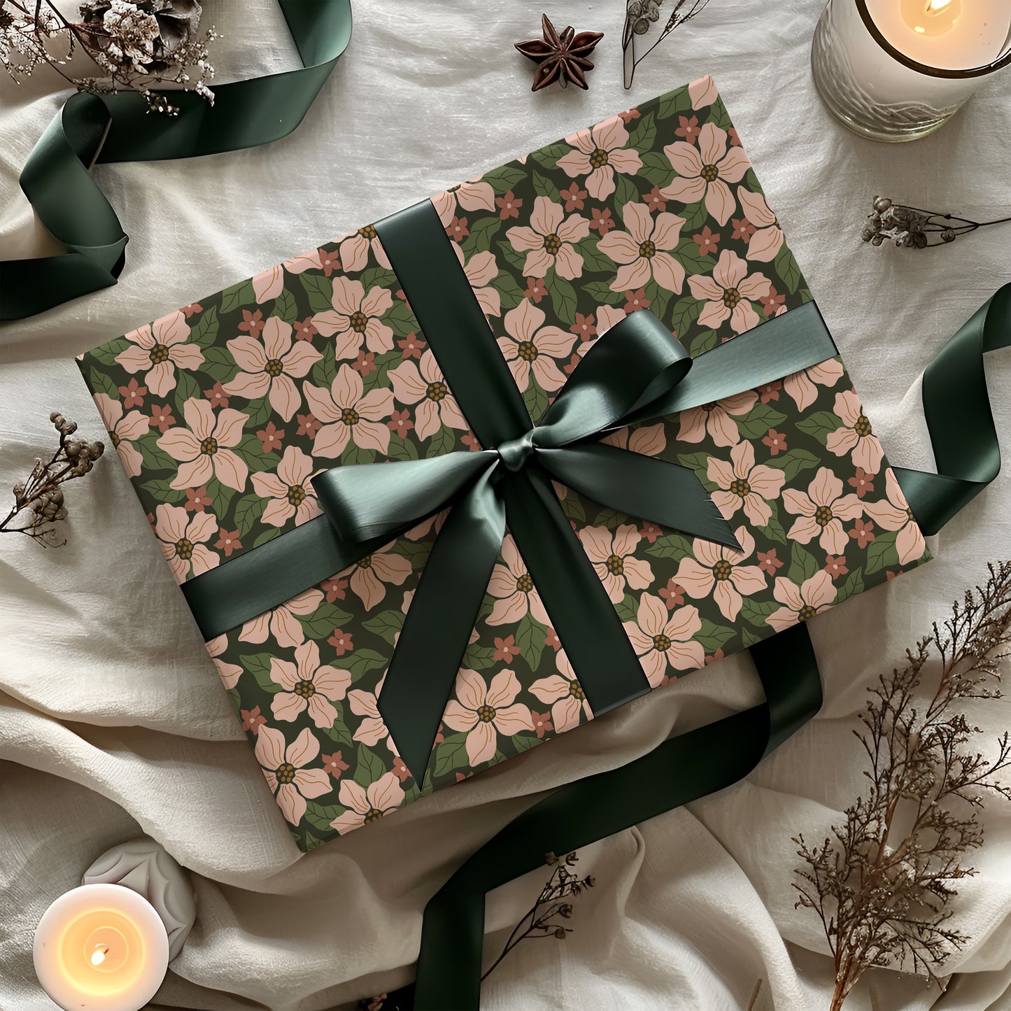 Pink, Red and Green Holiday Floral Gift Wrapping Paper Sheets