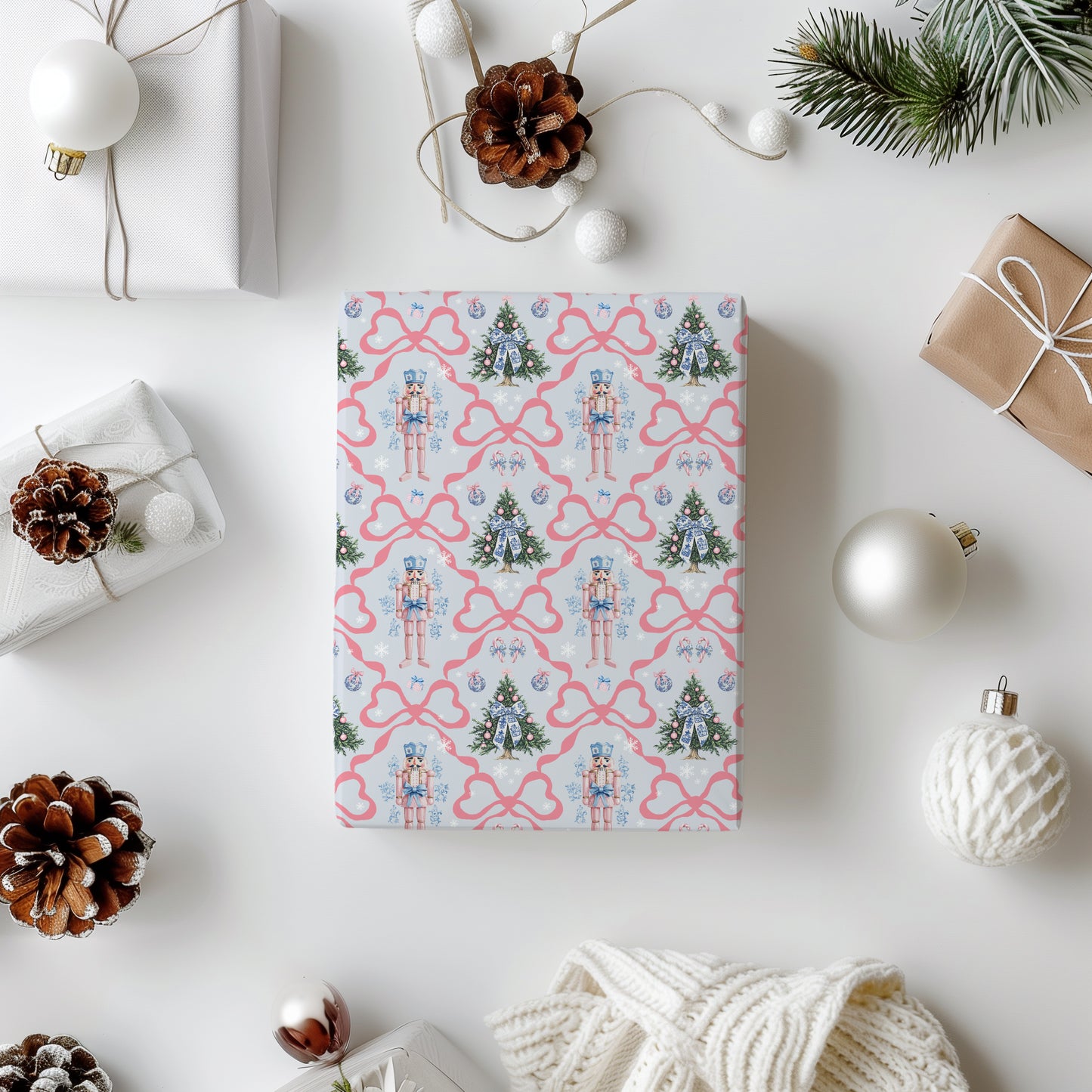 Whimsical Pink and Blue Pastel Coquette Nutcracker Holiday Gift Wrapping Paper Sheets