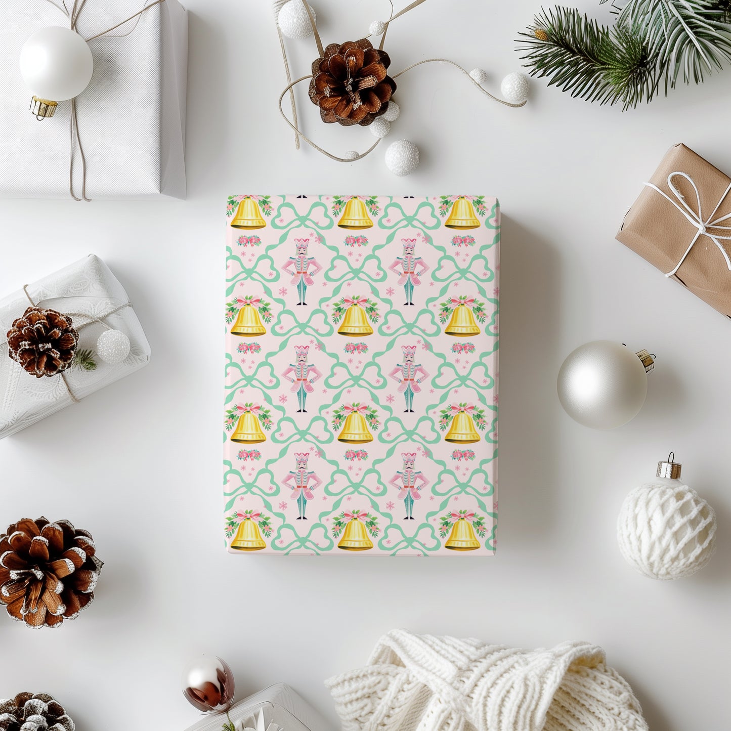 Whimsical Pastel Pink, Green and Gold Coquette Nutcracker Gift Wrapping Paper Sheets