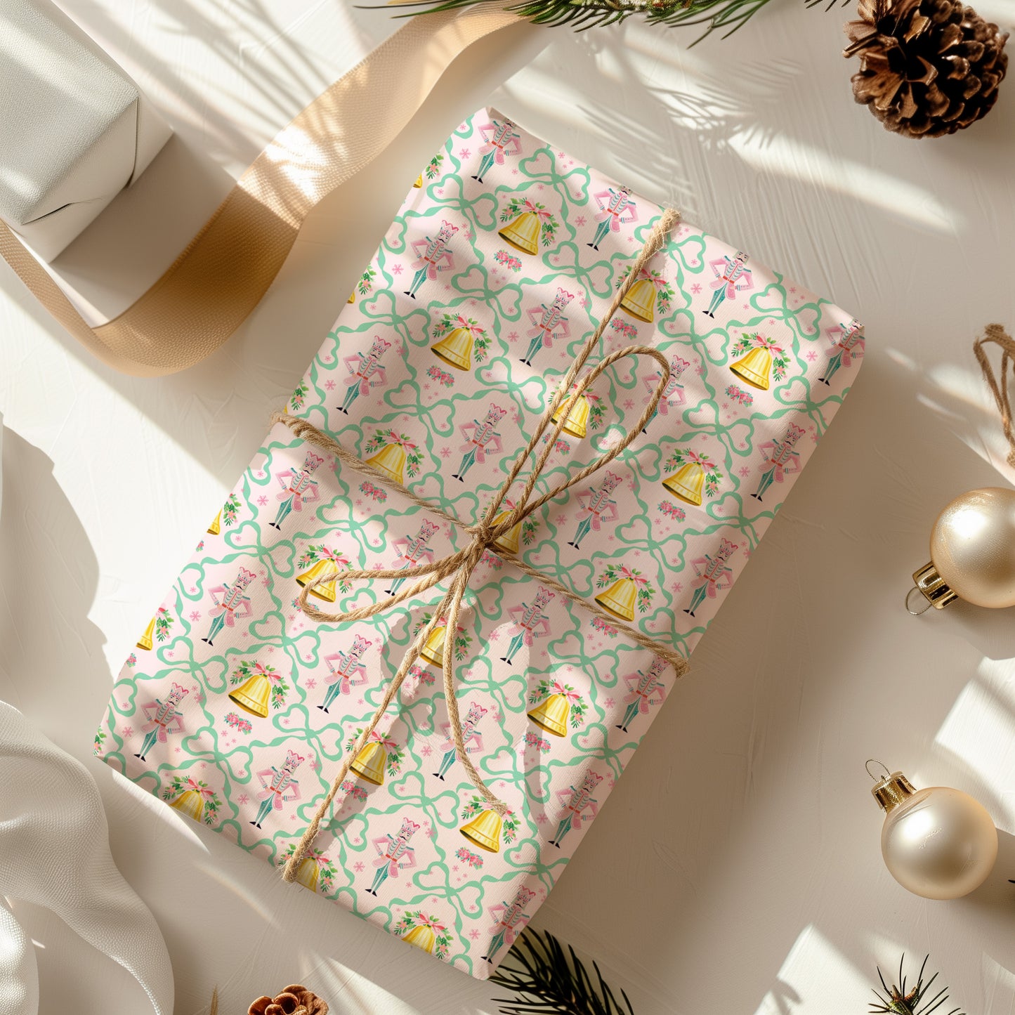 Whimsical Pastel Pink, Green and Gold Coquette Nutcracker Gift Wrapping Paper Sheets