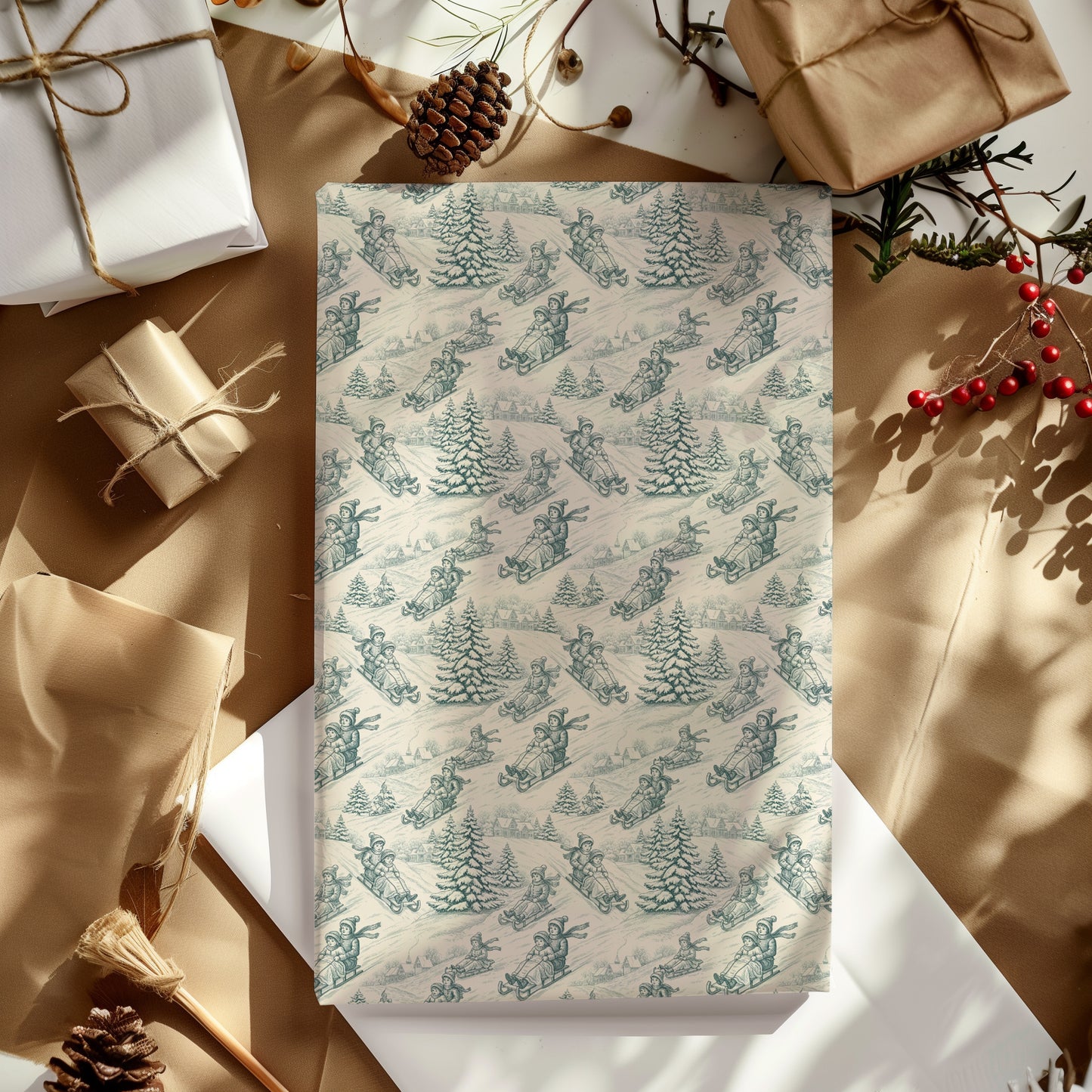 Sledding Toile De Jouy Blue Winter Holiday Gift Wrapping Paper Sheets