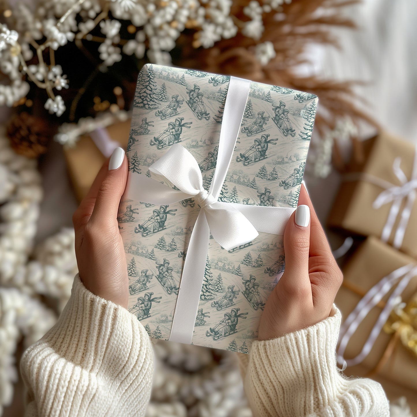 Sledding Toile De Jouy Blue Winter Holiday Gift Wrapping Paper Sheets