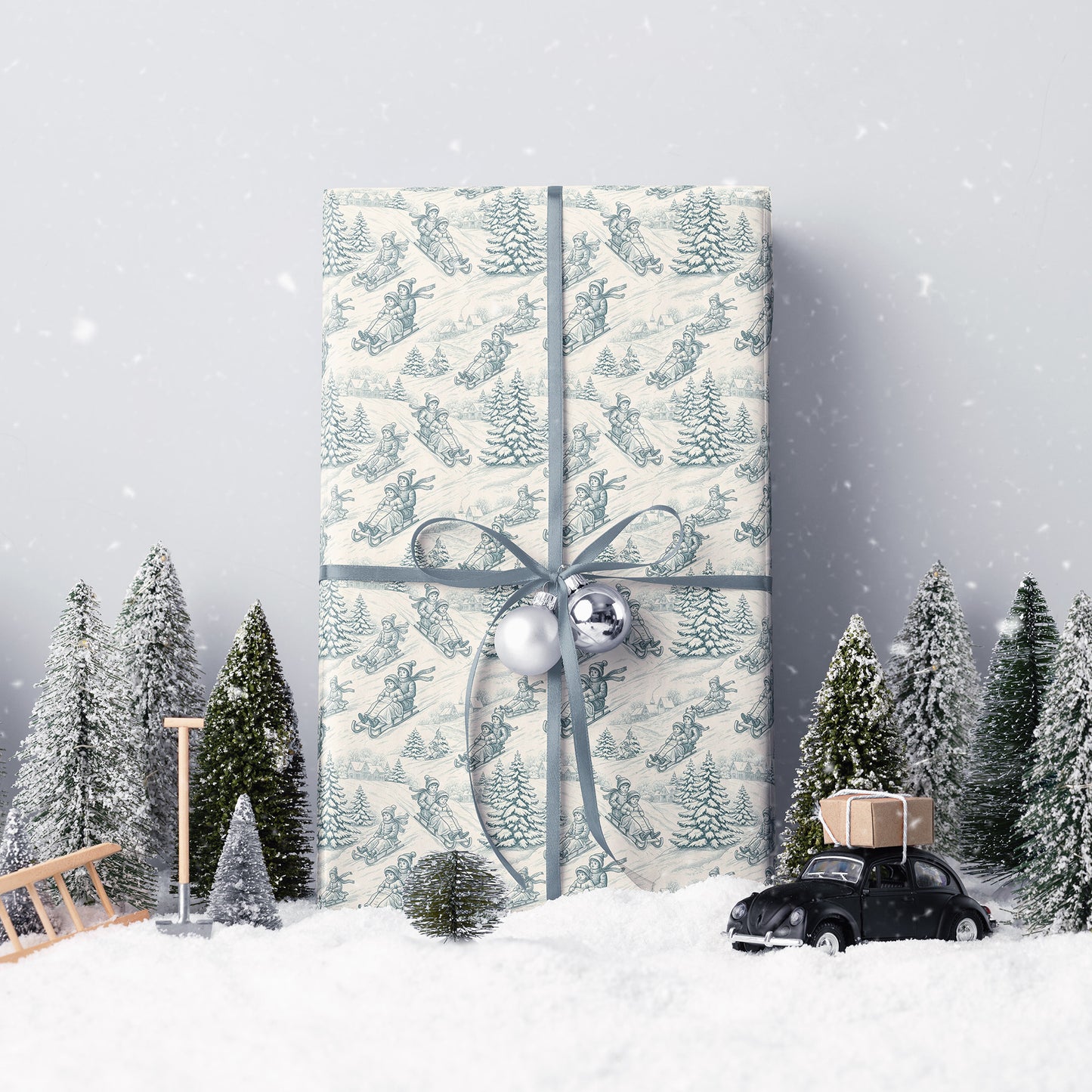 Sledding Toile De Jouy Blue Winter Holiday Gift Wrapping Paper Sheets