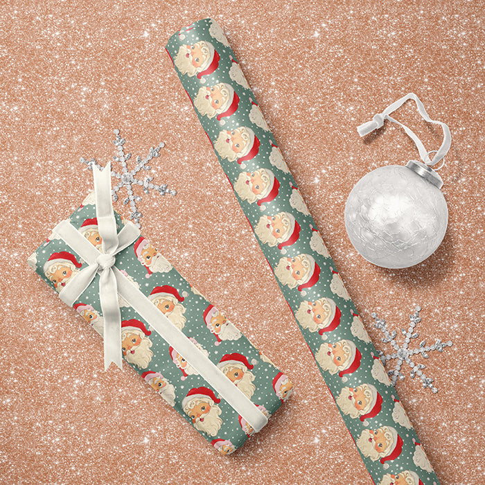 Retro Vintage Santa Face on Green Print Christmas Gift Wrapping Paper Sheets