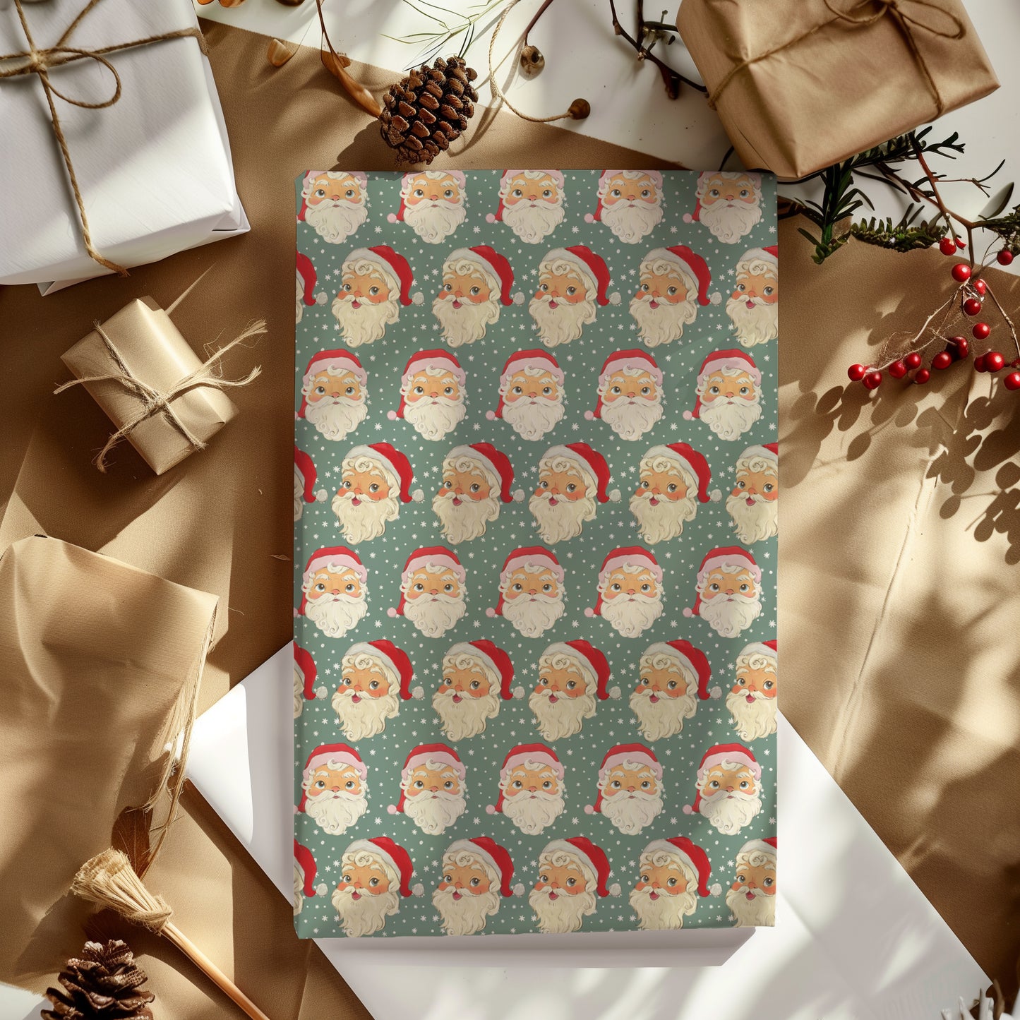Retro Vintage Santa Face on Green Print Christmas Gift Wrapping Paper Sheets