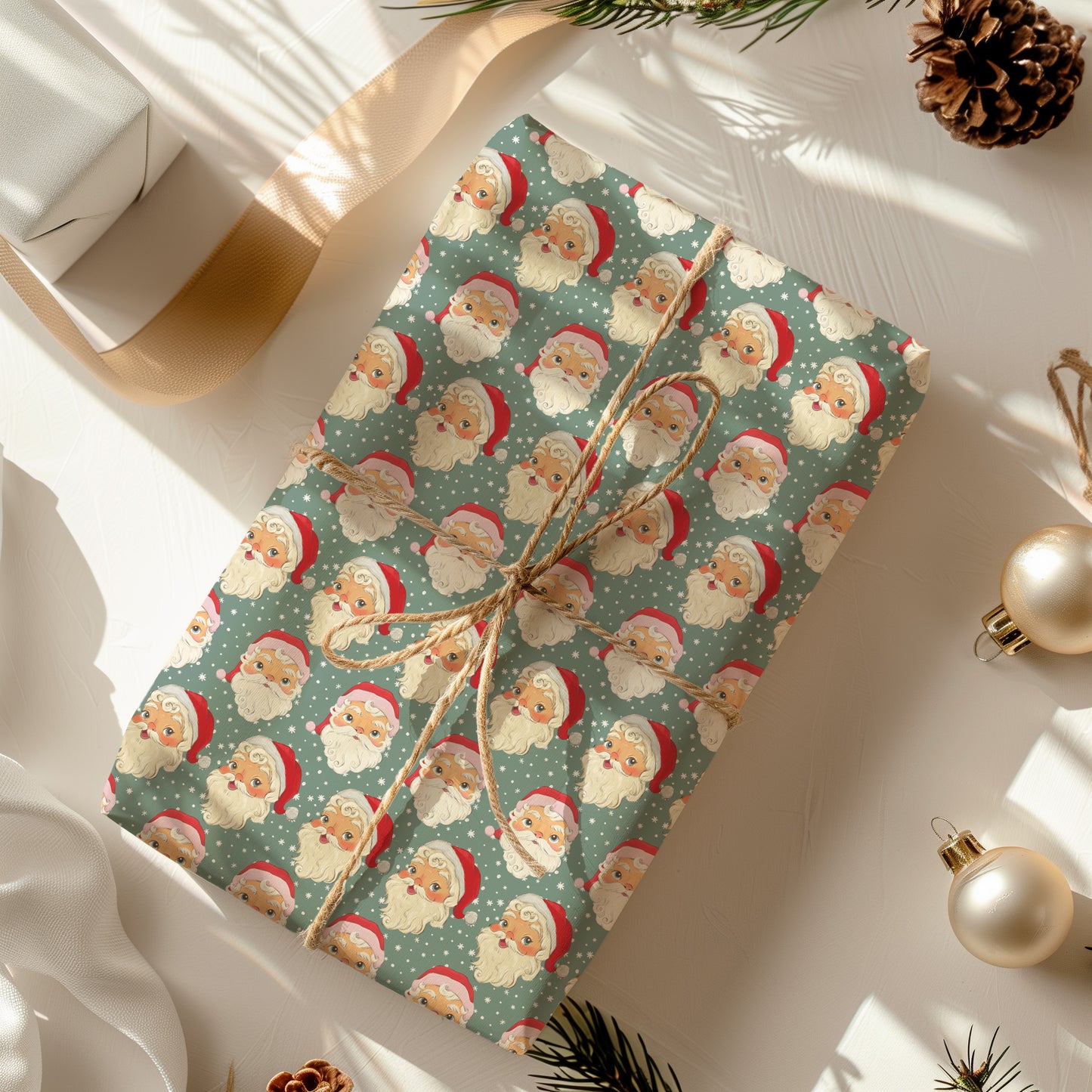 Retro Vintage Santa Face on Green Print Christmas Gift Wrapping Paper Sheets