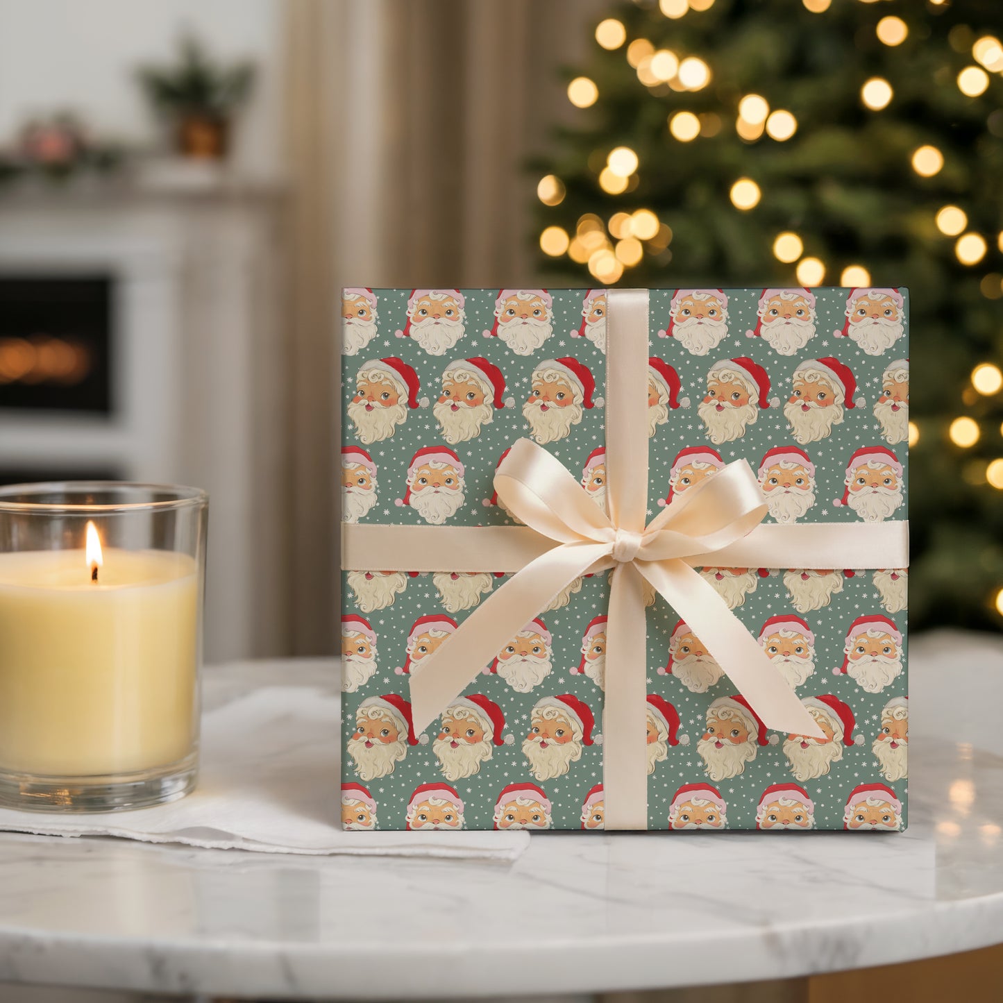 Retro Vintage Santa Face on Green Print Christmas Gift Wrapping Paper Sheets