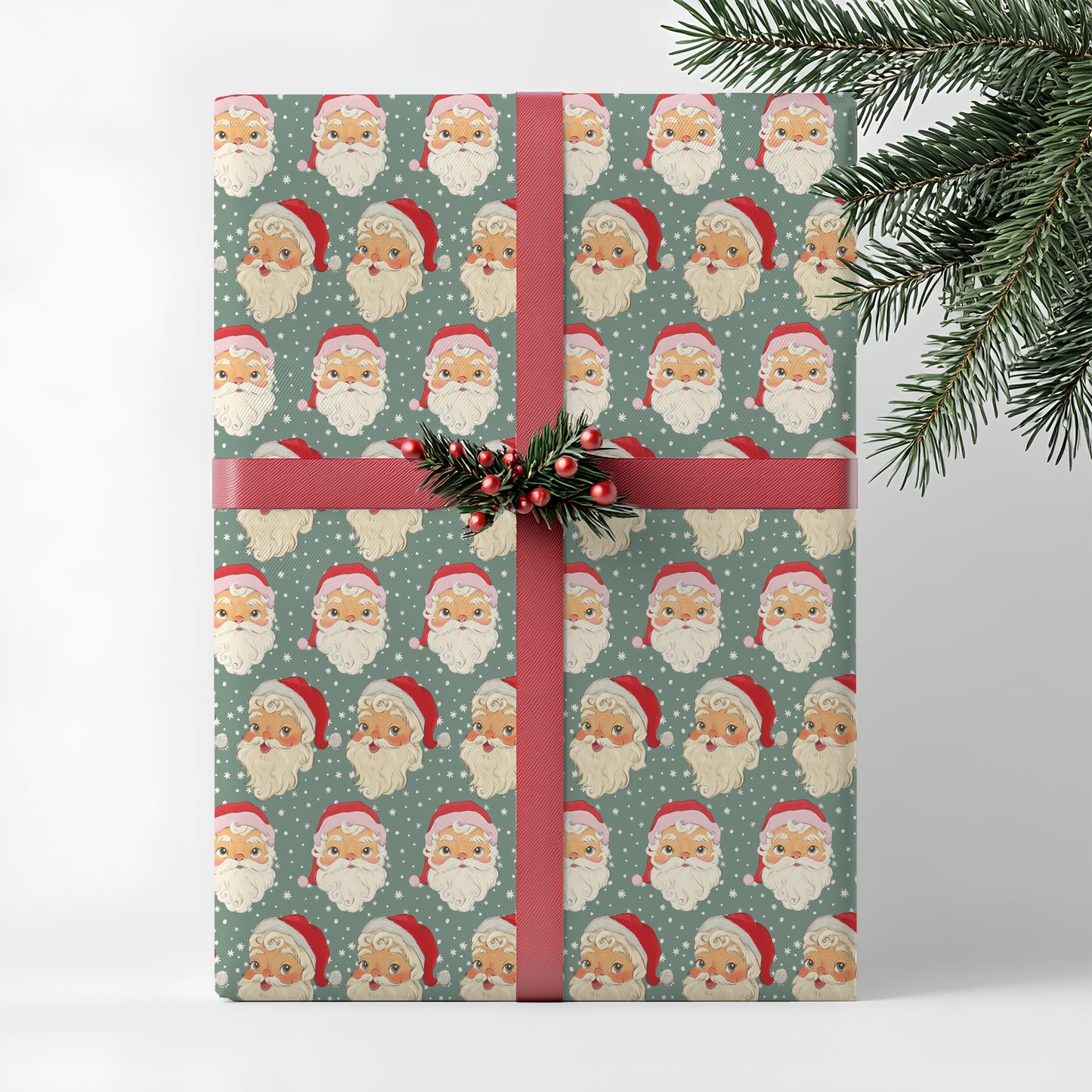 Retro Vintage Santa Face on Green Print Christmas Gift Wrapping Paper Sheets
