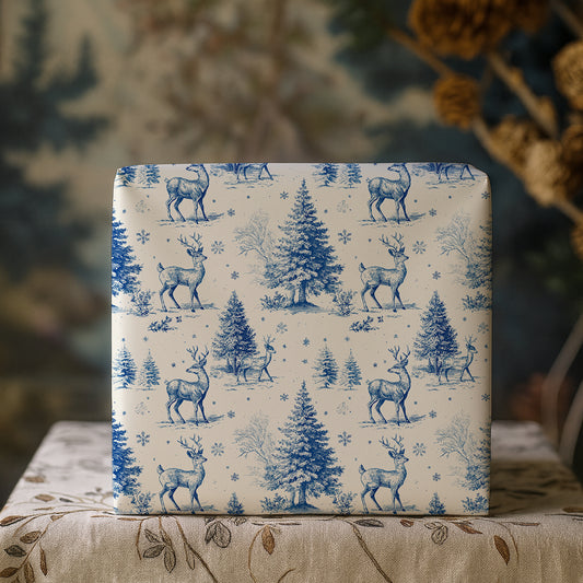 Reindeer and Fir Tree Winter Holiday Toile De Jouy Blue Gift Wrapping Paper Sheets