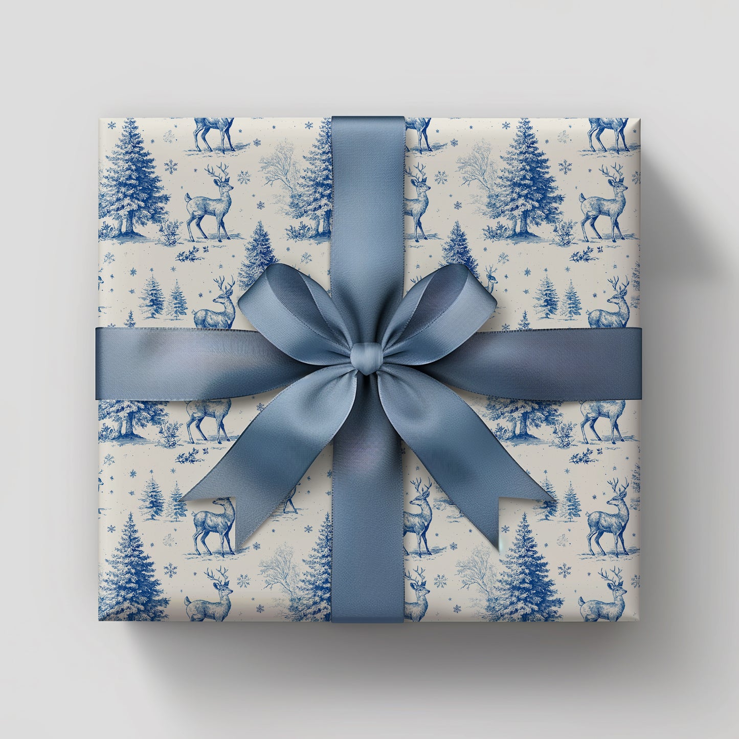 Reindeer and Fir Tree Winter Holiday Toile De Jouy Blue Gift Wrapping Paper Sheets