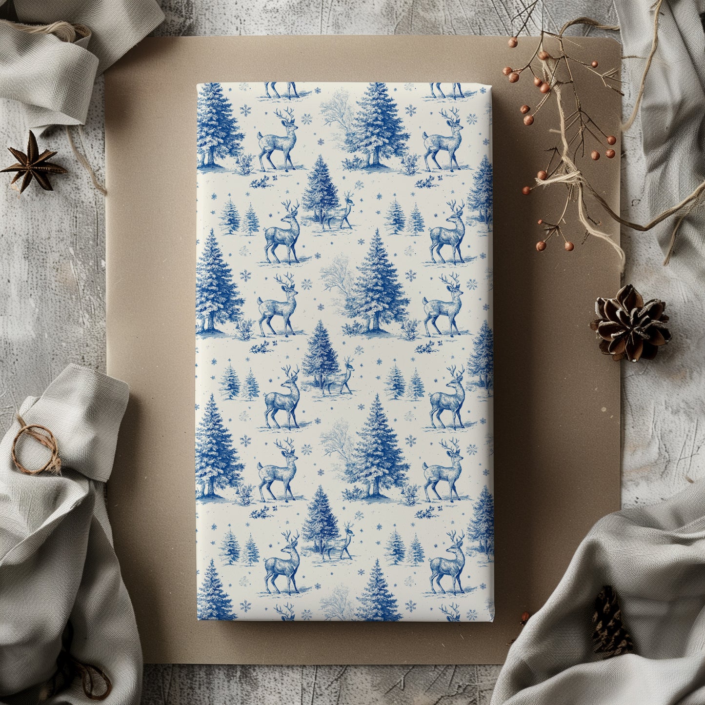 Reindeer and Fir Tree Winter Holiday Toile De Jouy Blue Gift Wrapping Paper Sheets
