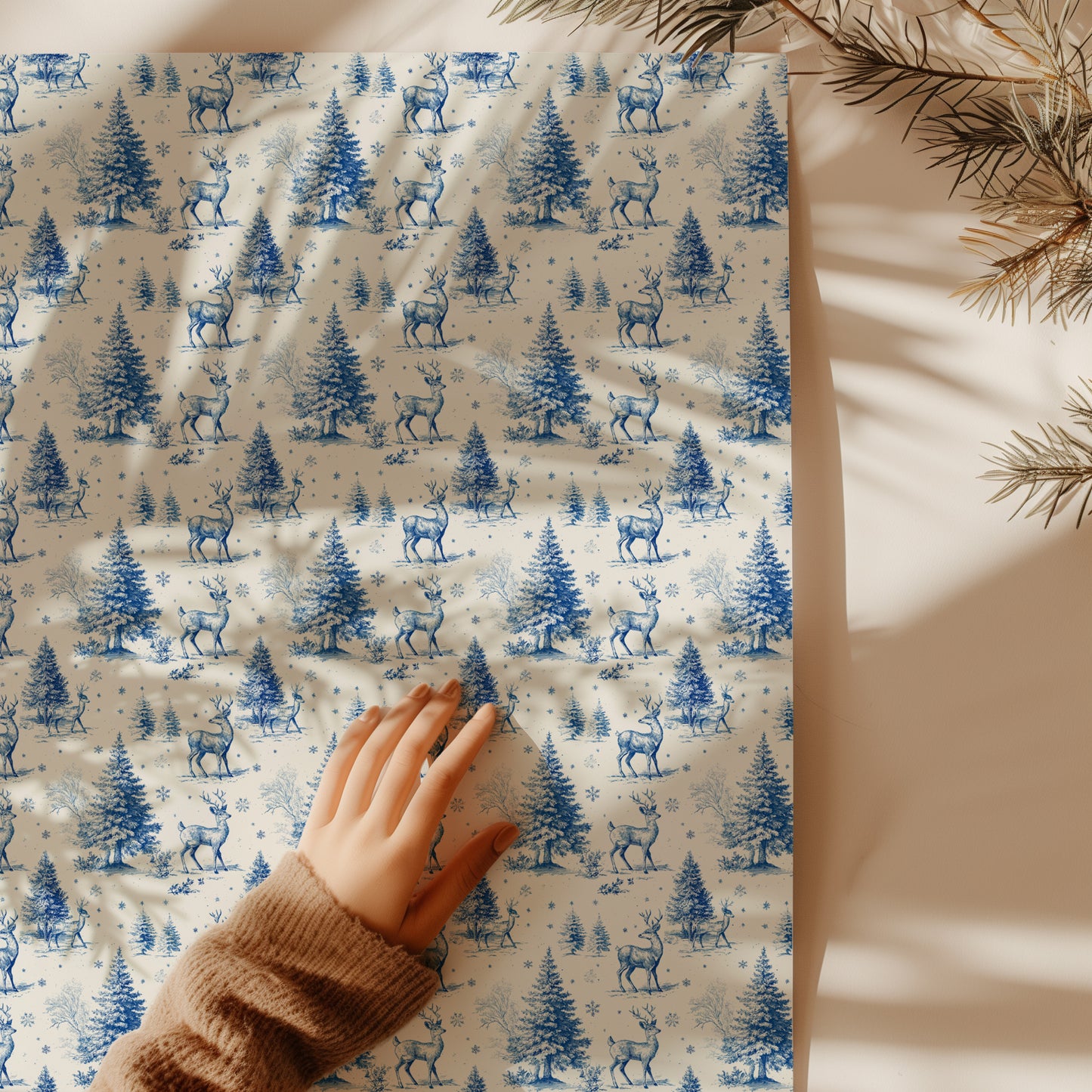 Reindeer and Fir Tree Winter Holiday Toile De Jouy Blue Gift Wrapping Paper Sheets