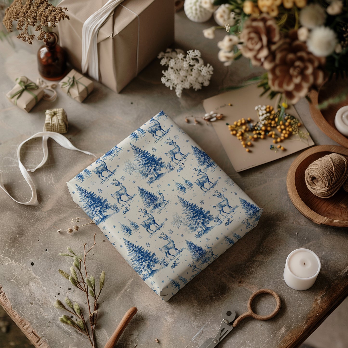 Reindeer and Fir Tree Winter Holiday Toile De Jouy Blue Gift Wrapping Paper Sheets