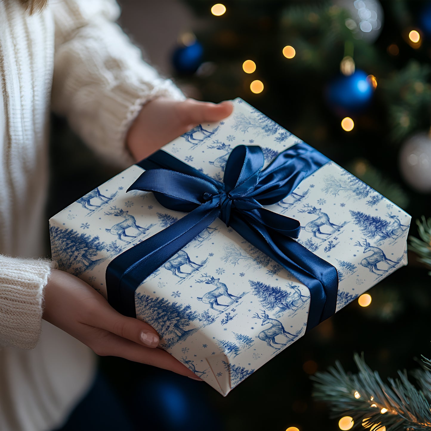 Reindeer and Fir Tree Winter Holiday Toile De Jouy Blue Gift Wrapping Paper Sheets
