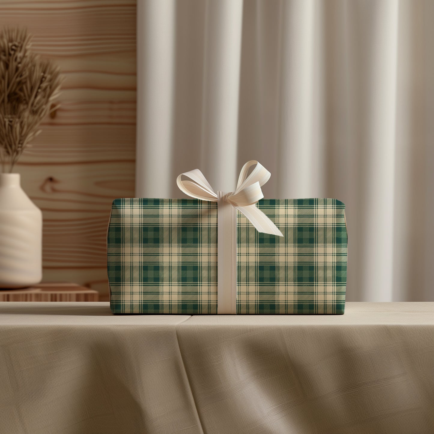 Green and Cream Plaid Holiday Gift Wrapping Paper Sheets