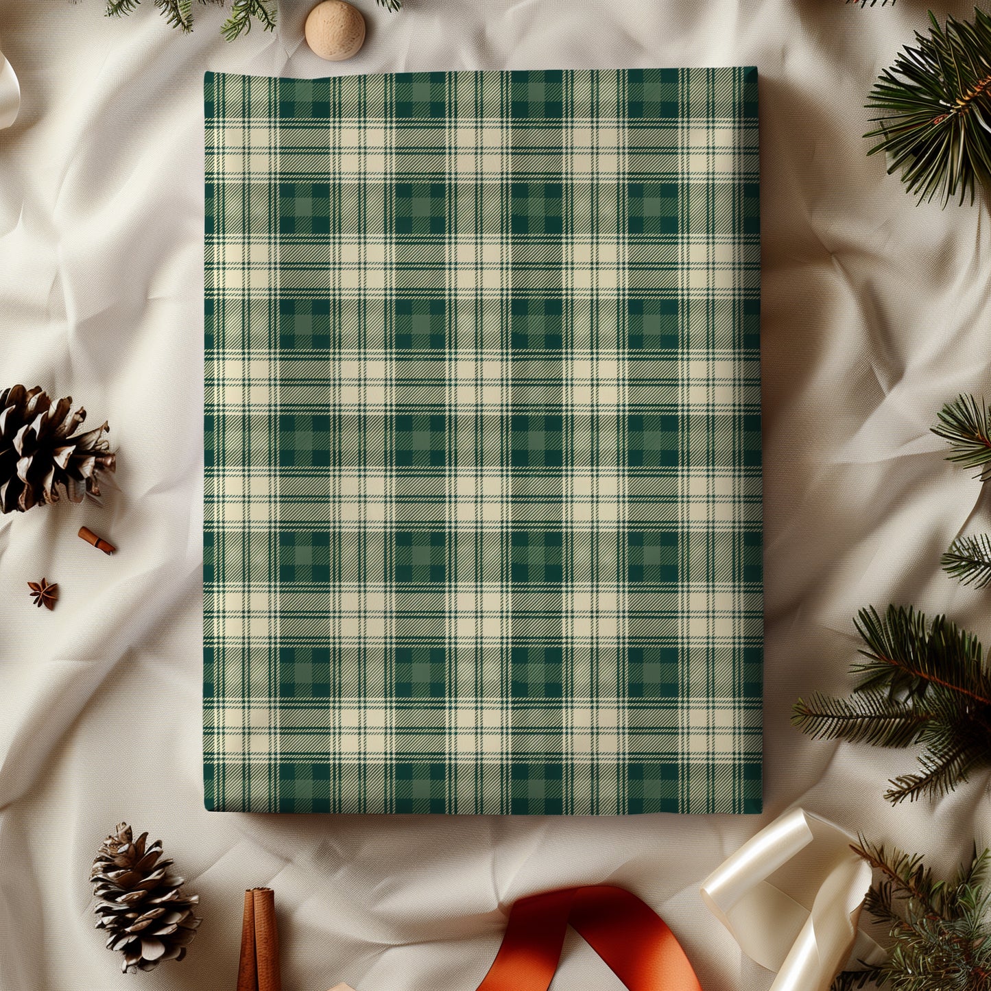 Green and Cream Plaid Holiday Gift Wrapping Paper Sheets