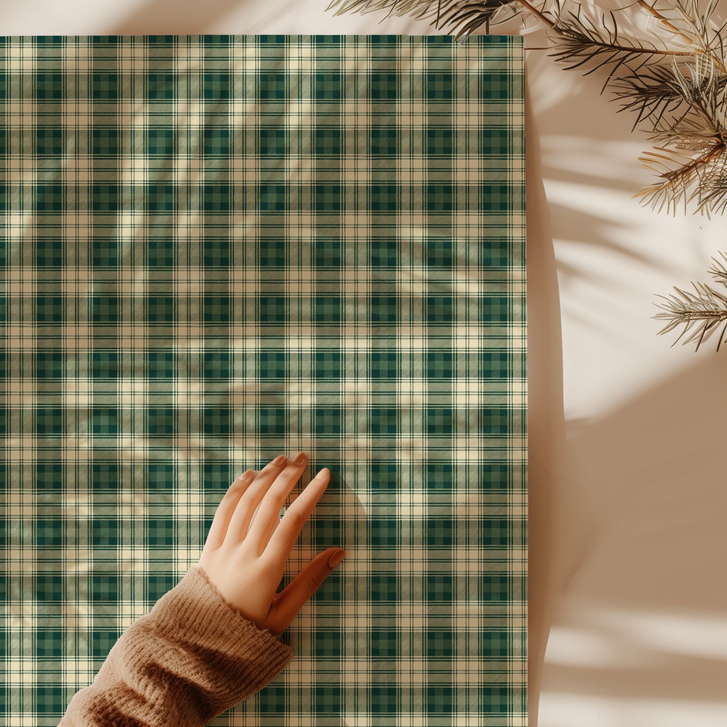 Green and Cream Plaid Holiday Gift Wrapping Paper Sheets