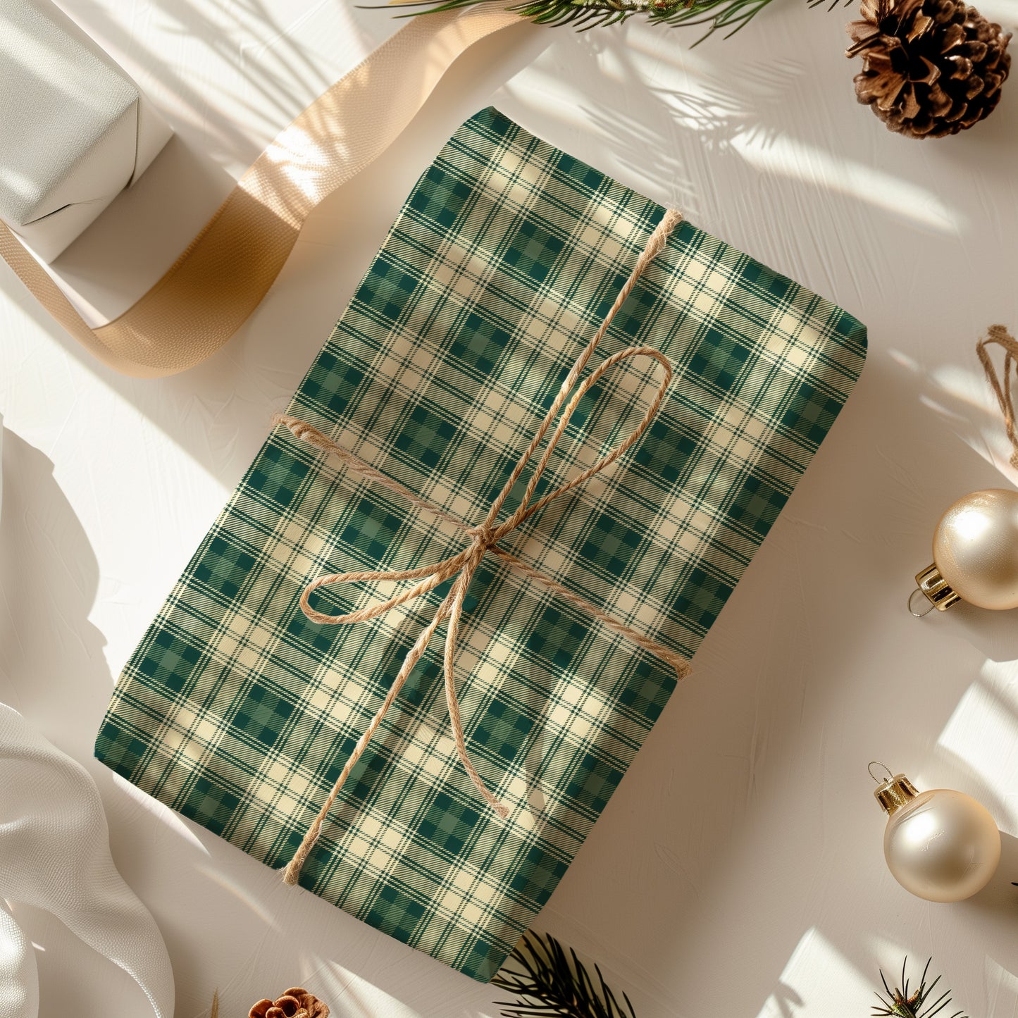 Green and Cream Plaid Holiday Gift Wrapping Paper Sheets