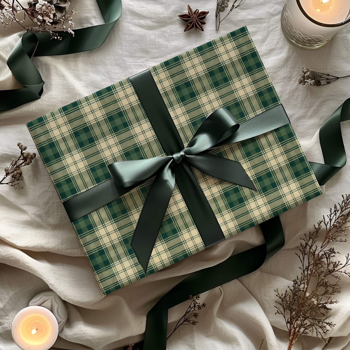 Green and Cream Plaid Holiday Gift Wrapping Paper Sheets