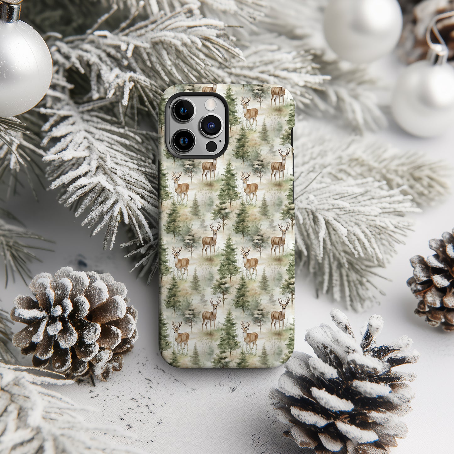 Deer and Fir Tree Scene Rustic Tough Phone Case