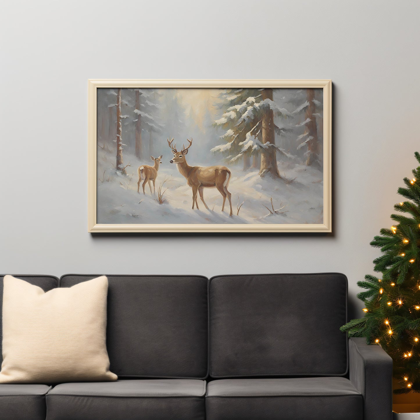 Buck and Doe in the Fir Trees Snowy Winter Scene Matte Horizontal Poster Art Print
