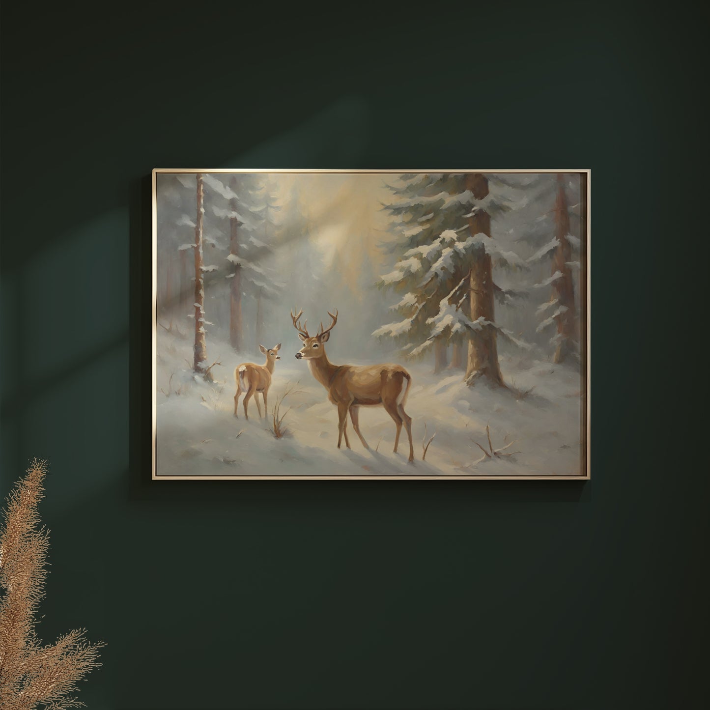 Buck and Doe in the Fir Trees Snowy Winter Scene Matte Horizontal Poster Art Print