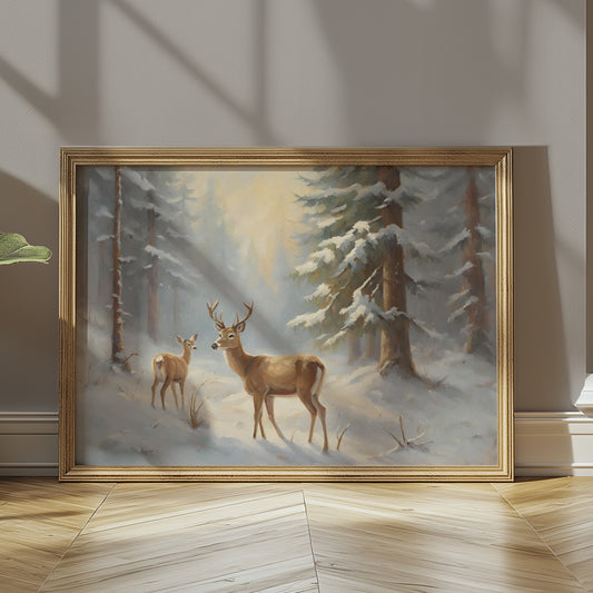 Buck and Doe in the Fir Trees Snowy Winter Scene Matte Horizontal Poster Art Print