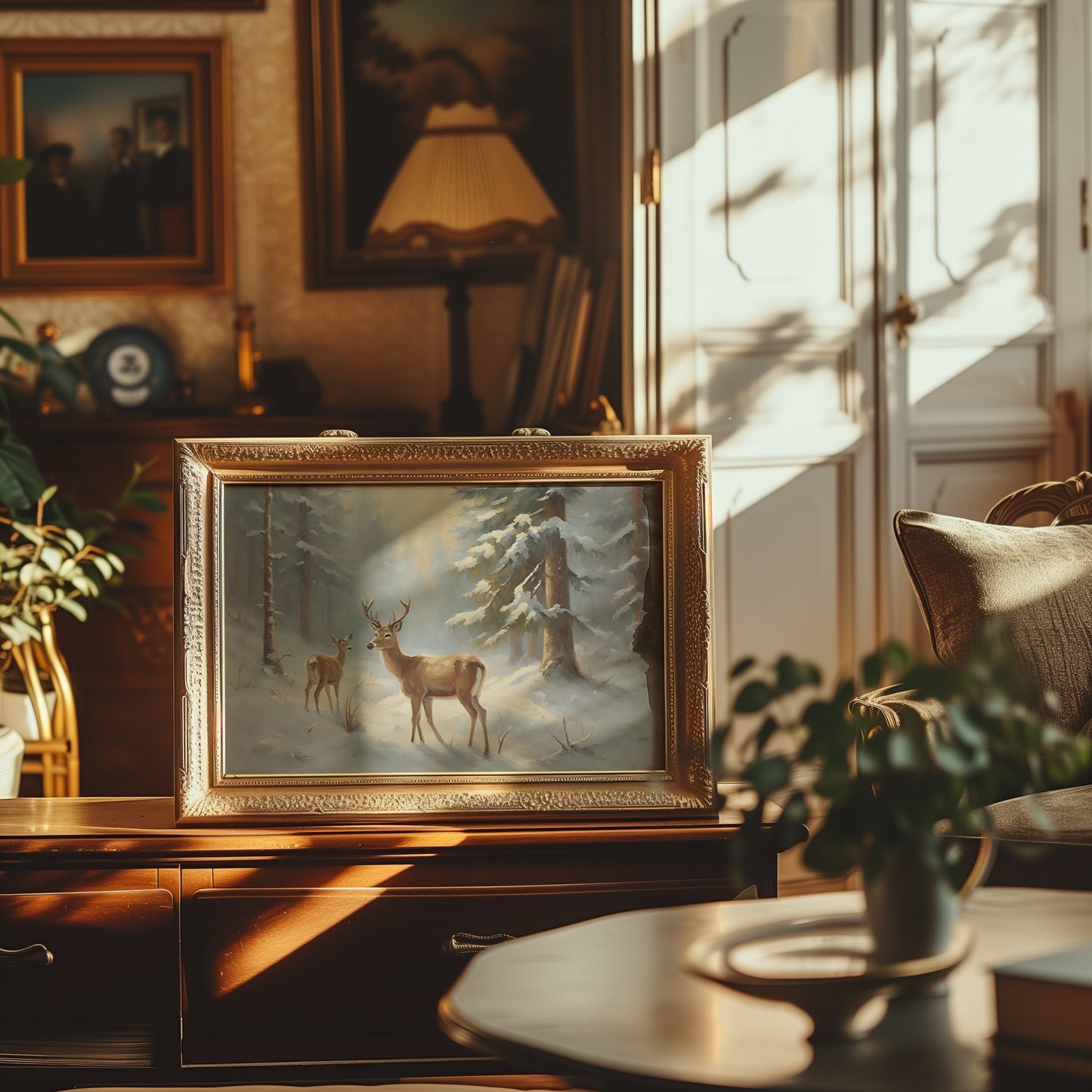 Buck and Doe in the Fir Trees Snowy Winter Scene Matte Horizontal Poster Art Print