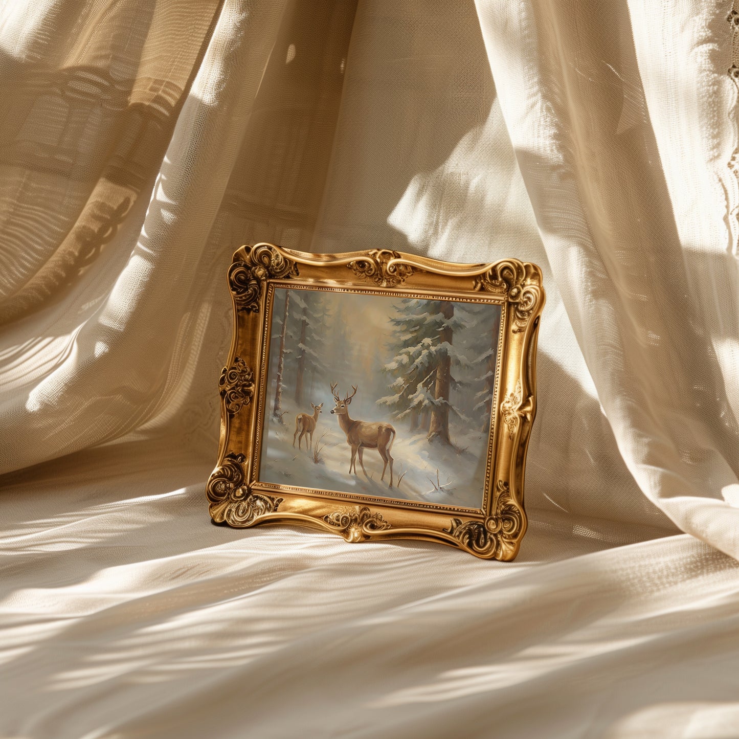 Buck and Doe in the Fir Trees Snowy Winter Scene Matte Horizontal Poster Art Print