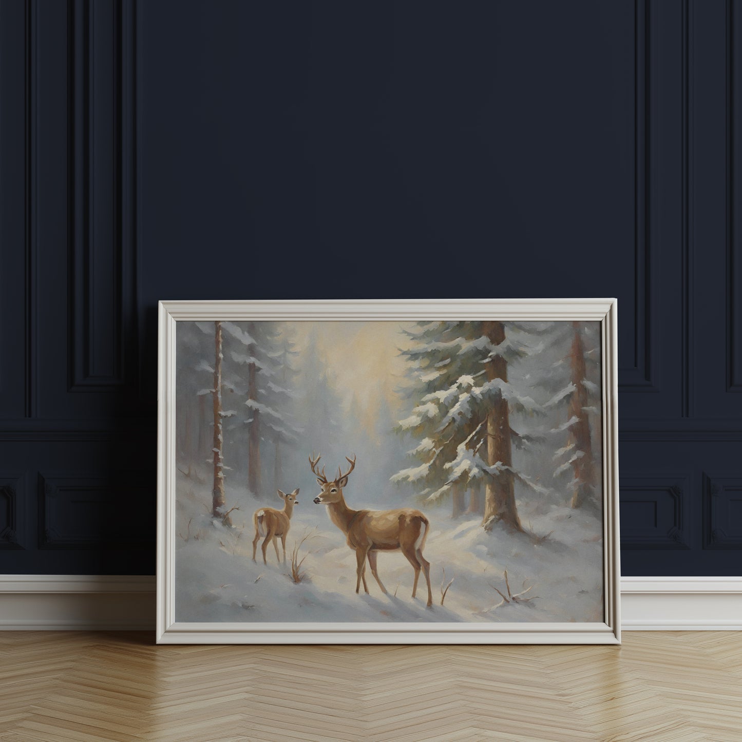 Buck and Doe in the Fir Trees Snowy Winter Scene Matte Horizontal Poster Art Print