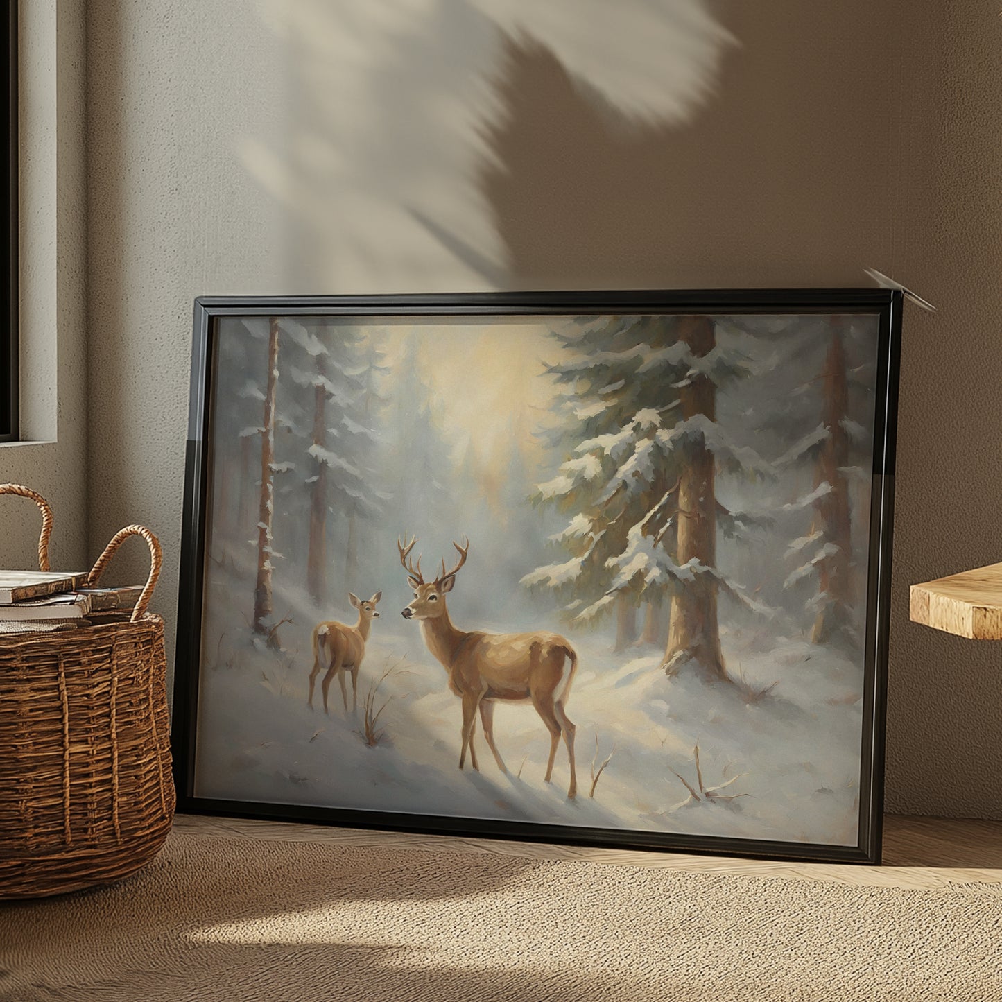 Buck and Doe in the Fir Trees Snowy Winter Scene Matte Horizontal Poster Art Print
