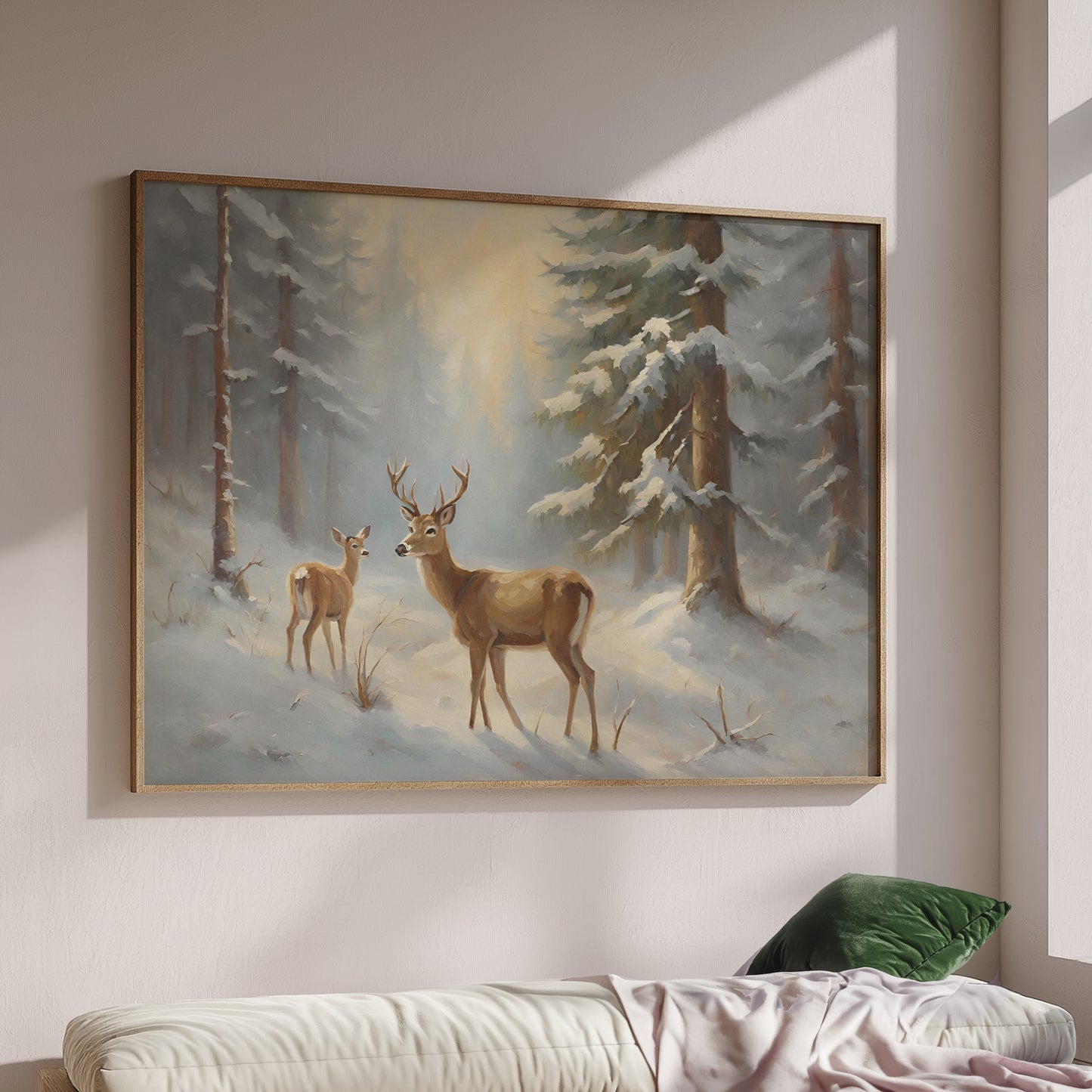 Buck and Doe in the Fir Trees Snowy Winter Scene Matte Horizontal Poster Art Print
