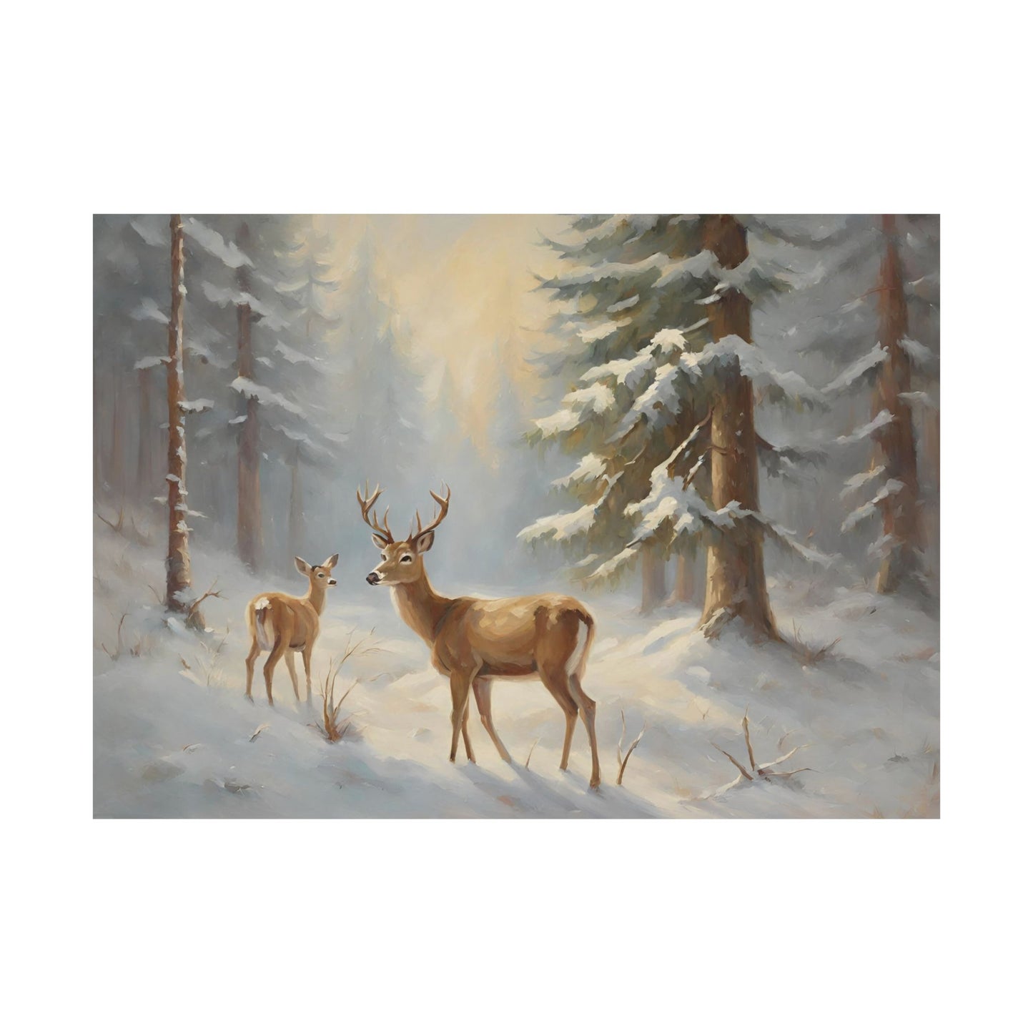 Buck and Doe in the Fir Trees Snowy Winter Scene Matte Horizontal Poster Art Print
