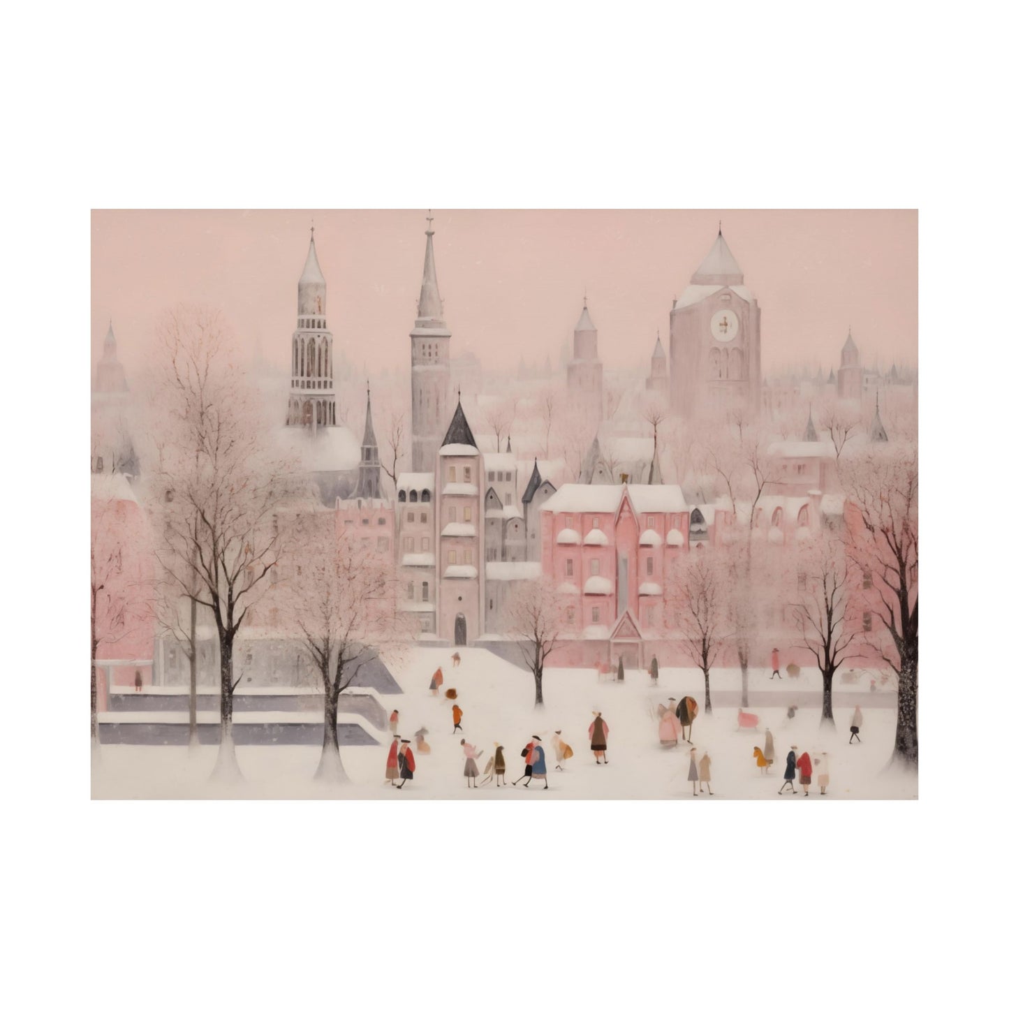 Pink Holiday Town Whimsical Winter Scene Matte Horizontal Poster Art Print