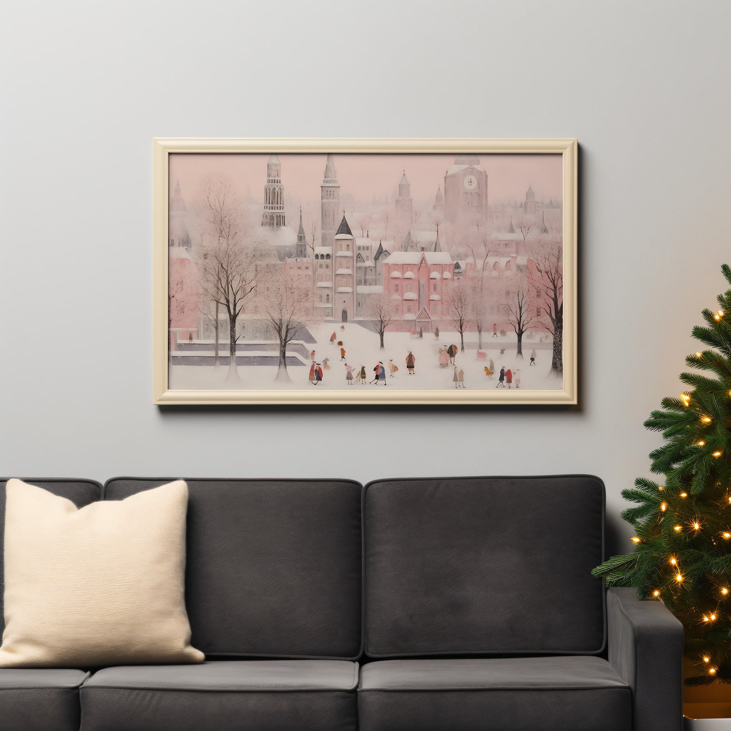 Pink Holiday Town Whimsical Winter Scene Matte Horizontal Poster Art Print