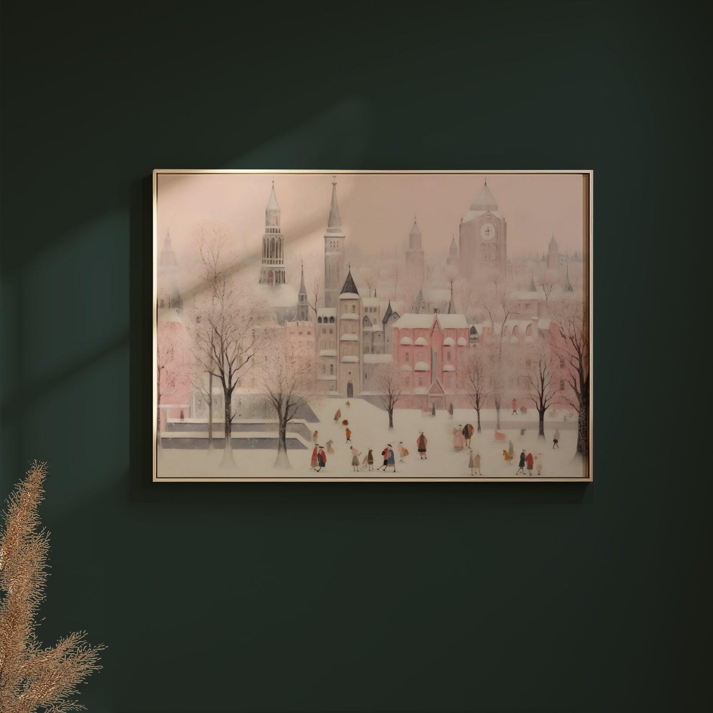 Pink Holiday Town Whimsical Winter Scene Matte Horizontal Poster Art Print